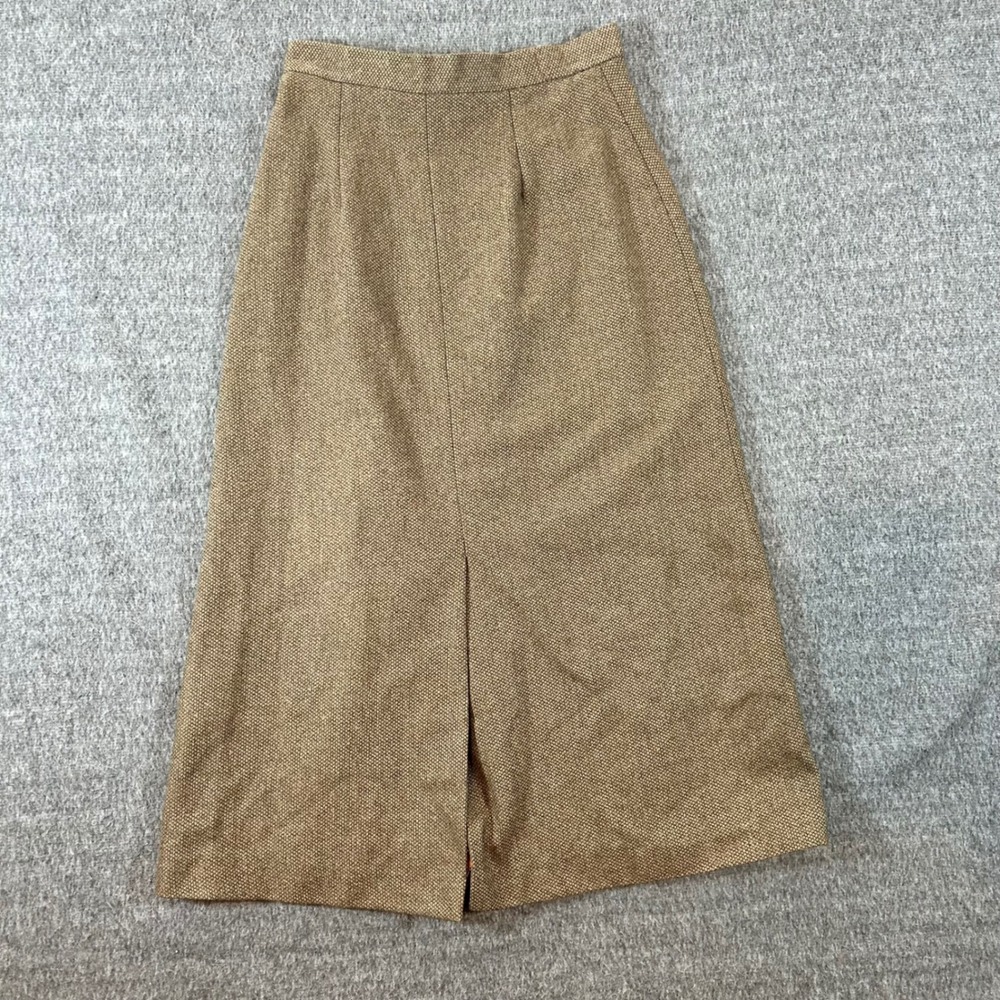 Vintage Wool Tweed Skirt Brown Herringbone High Waist Midi Career Size 5/6 80s - Picture 7 of 10